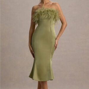 Club L London One and Only Strapless Olive Dress with Feather Detail